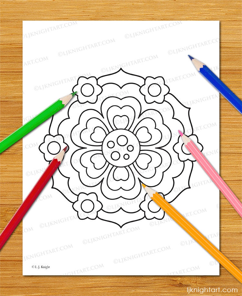 May include: A black and white mandala coloring page with a floral design. The mandala has a central flower with six petals and a circle in the center. The flower is surrounded by a ring of smaller flowers.