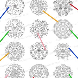 May include: A coloring book with the title "Easy Mandalas Coloring Book - Preview". The book features nine different mandala designs, each with a colored pencil drawn on it. The pencils are red, green, blue, yellow, and pink.