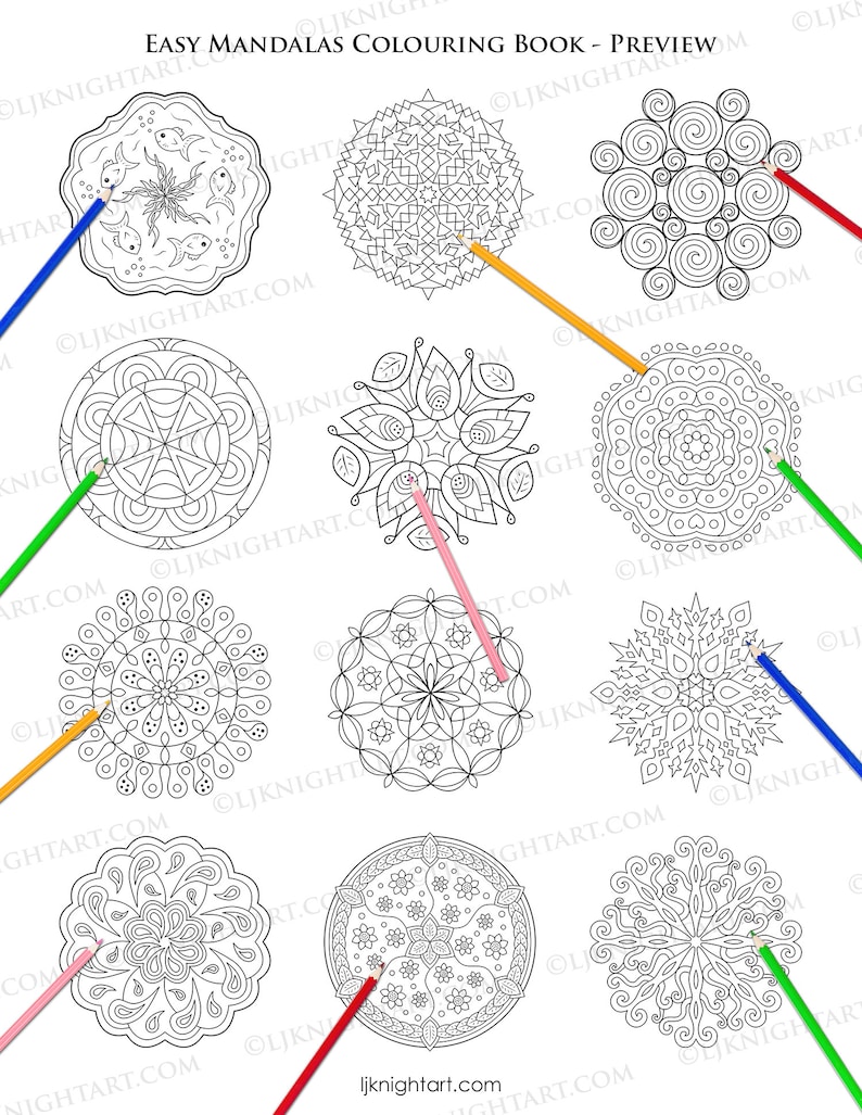 May include: A coloring book with the title "Easy Mandalas Coloring Book - Preview". The book features nine different mandala designs, each with a colored pencil drawn on it. The pencils are red, green, blue, yellow, and pink.