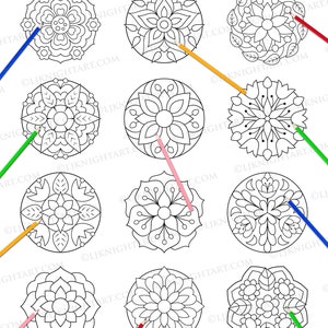 May include: A coloring book page with nine black and white flower mandalas. Each mandala is surrounded by a circle and has a colored pencil pointing to it. The pencils are red, orange, yellow, green, blue, pink, and purple.