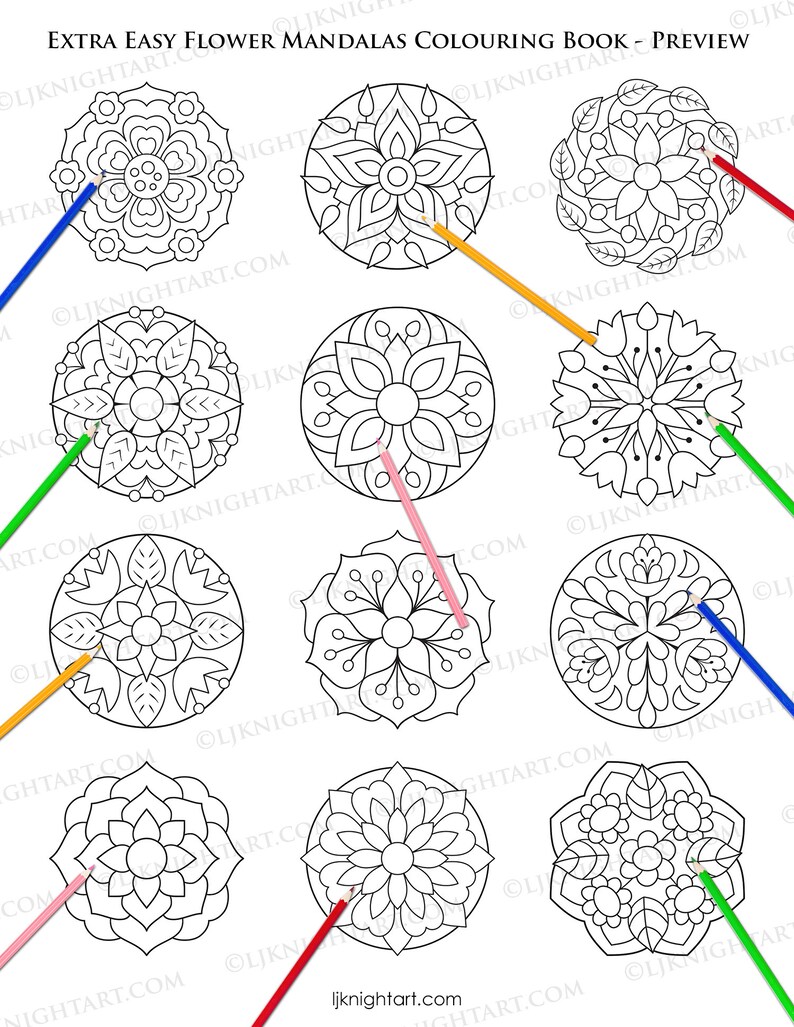 May include: A coloring book page with nine black and white flower mandalas. Each mandala is surrounded by a circle and has a colored pencil pointing to it. The pencils are red, orange, yellow, green, blue, pink, and purple.