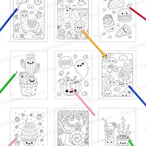 May include: A coloring book preview featuring eight black and white illustrations of cute kawaii characters. The illustrations include a llama, a narwhal, a ghost, a cactus, a unicorn, a cupcake, a snail, and a cup of coffee. The book is titled "Cute & Easy Kawaii Coloring Book - Preview".