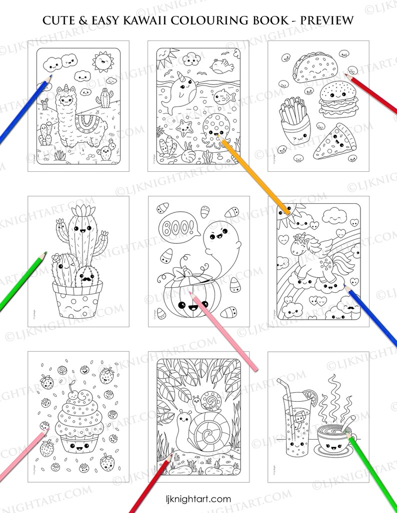 May include: A coloring book preview featuring eight black and white illustrations of cute kawaii characters. The illustrations include a llama, a narwhal, a ghost, a cactus, a unicorn, a cupcake, a snail, and a cup of coffee. The book is titled "Cute & Easy Kawaii Coloring Book - Preview".