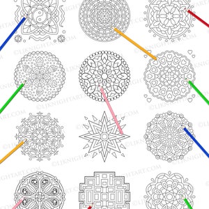 May include: A coloring book with the title "Easy Mandalas Coloring Book - Preview". The book features nine different mandala designs, each with a colored pencil pointing to it. The pencils are red, green, orange, pink, and blue.