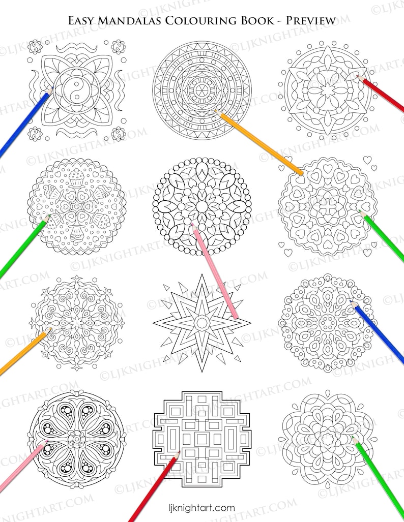 May include: A coloring book with the title "Easy Mandalas Coloring Book - Preview". The book features nine different mandala designs, each with a colored pencil pointing to it. The pencils are red, green, orange, pink, and blue.