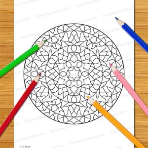 May include: A black and white mandala coloring page with intricate geometric patterns. The page is designed for adults and features a circular design with a central point.