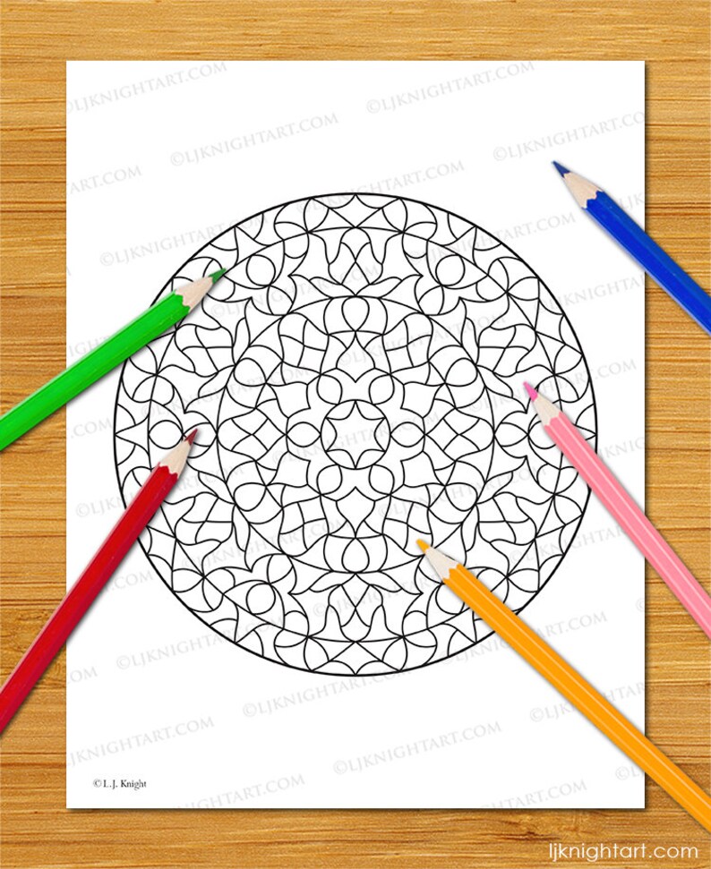 May include: A black and white mandala coloring page with intricate geometric patterns. The page is designed for adults and features a circular design with a central point.