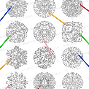May include: A preview of a coloring book featuring nine intricate mandala designs. Each mandala is surrounded by a colored pencil, suggesting the book is for coloring.