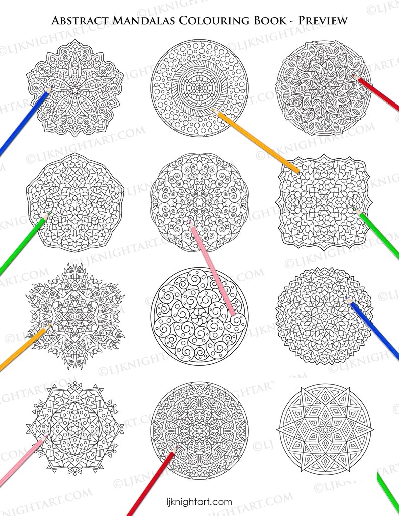 May include: A preview of a coloring book featuring nine intricate mandala designs. Each mandala is surrounded by a colored pencil, suggesting the book is for coloring.