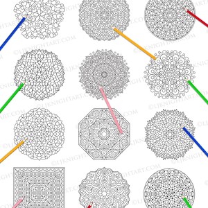 May include: A coloring book preview featuring nine black and white mandala designs. The designs are intricate and detailed, with a variety of shapes and patterns. Each mandala is surrounded by a colored pencil, suggesting that the book is for coloring.
