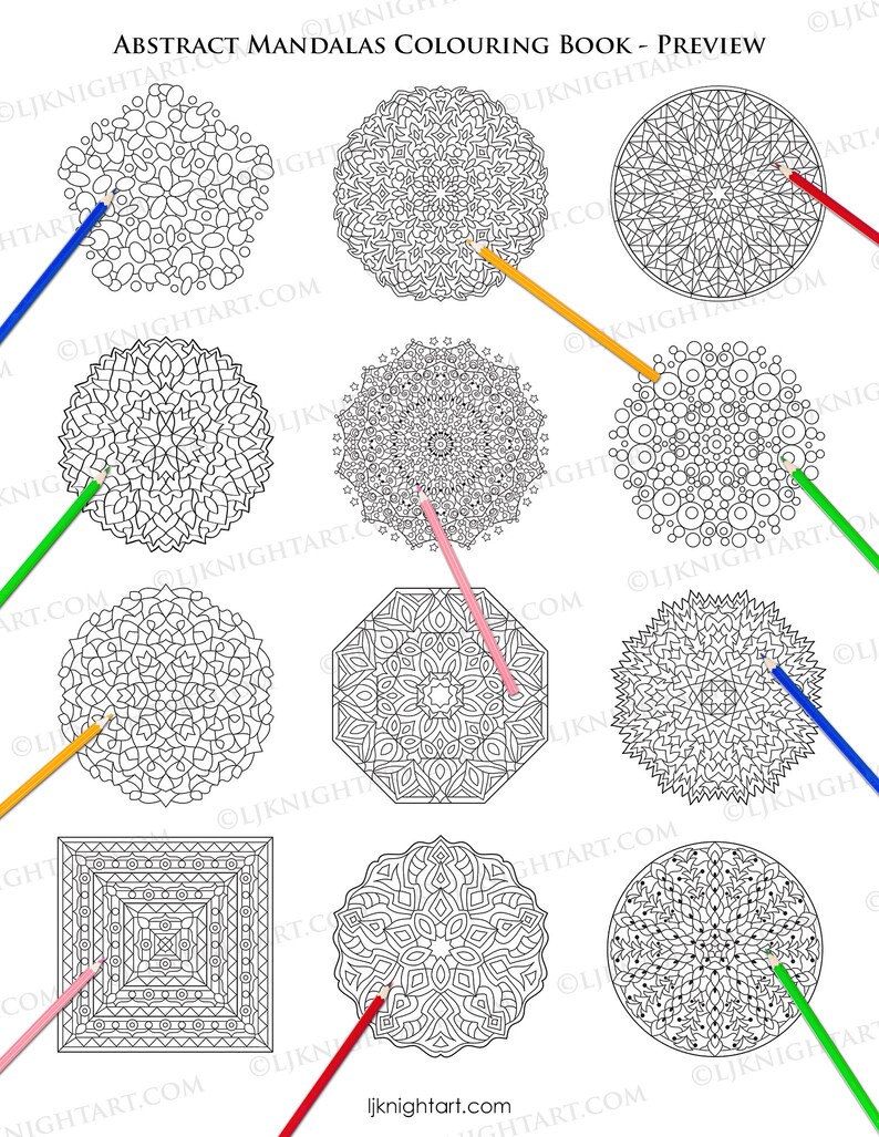 May include: A coloring book preview featuring nine black and white mandala designs. The designs are intricate and detailed, with a variety of shapes and patterns. Each mandala is surrounded by a colored pencil, suggesting that the book is for coloring.