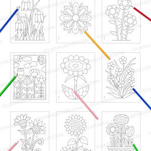 May include: A coloring book with nine black and white illustrations of flowers. The illustrations include a sunflower, a bouquet of flowers in a pot, and a single flower with a large center.