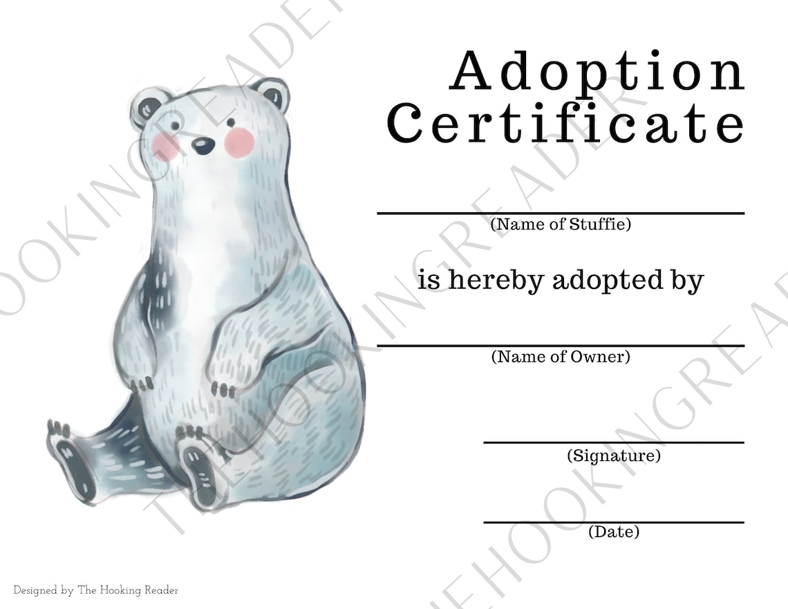 Printable Stuffed Animal Adoption Certificate Grey Polar Etsy Printable Stuffed Animal Adoption Certificate Grey Polar Etsy