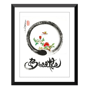Breathe- Peony drawing inside Enso circle - 10x13 inch