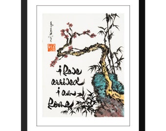 i have arrived i am home- Plum and rock drawing- 10x13" - Thich Nhat Hanh quote