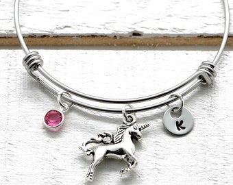 Unicorn Bracelet for Girls Unicorn Jewelry for Women and Bangle Size Personalized Initial Birthstone Personalized Unicorn Gifts for Girls