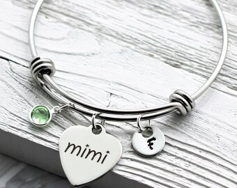 Personalized Mimi Bracelet for Women - Mimi Jewelry Customized for Mother's Day - Heart Shaped Mimi Charm - Custom Birthstone & Initial