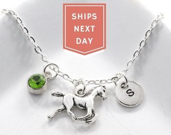 Horse Necklace- Personalized Birthstone & Initial- Mini Horse Necklace- Equestrian Necklace- Horse Lover- Cowgirl Necklace