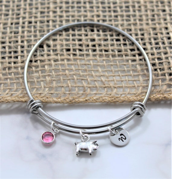 Fast Shipping Silver Pig Charm Jewelry Pig Lover Gifts Pig Bracelet Personalized Birthstone & Initial 