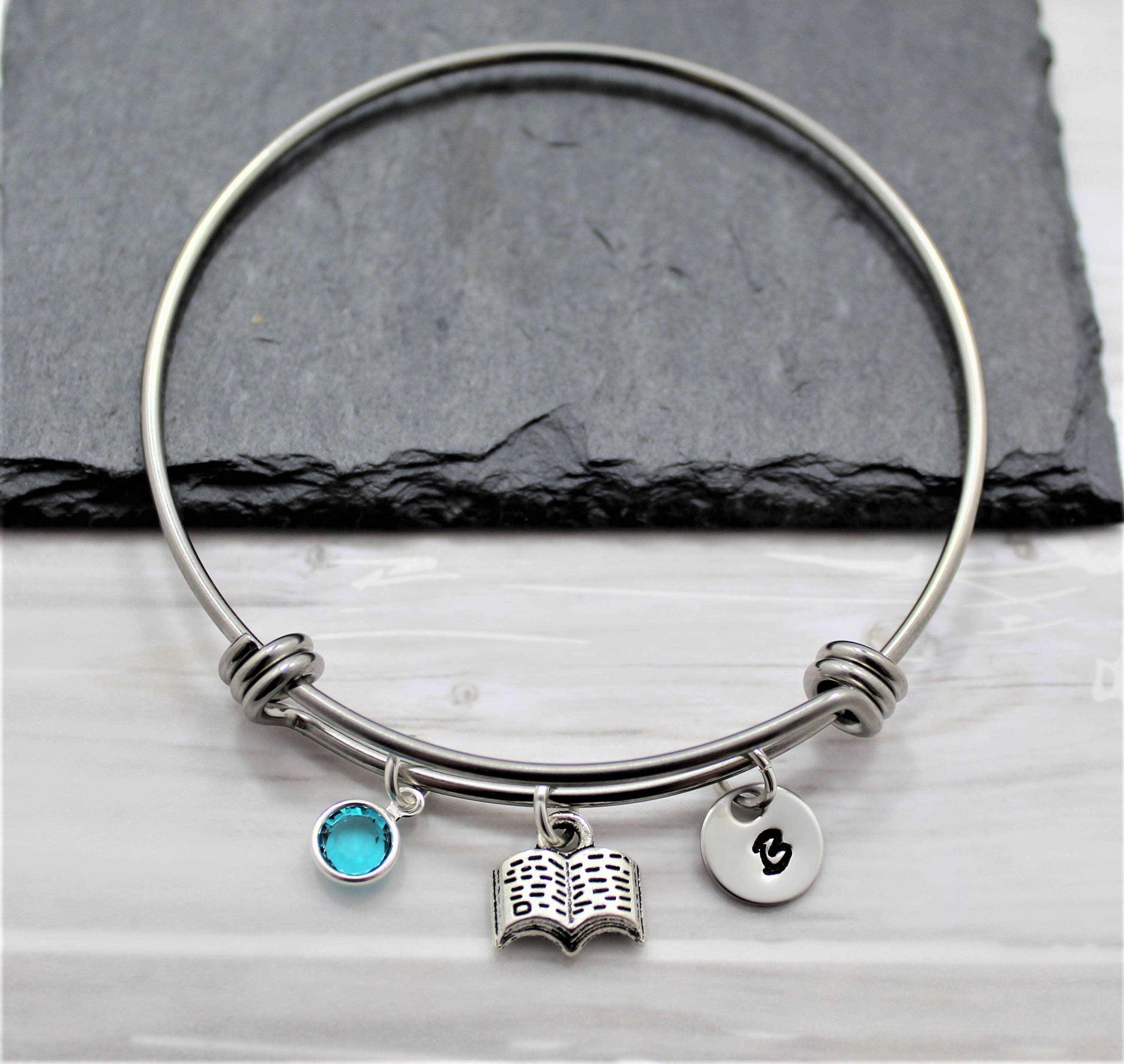Book Bracelet Personalized Birthstone & Initial Reading Etsy