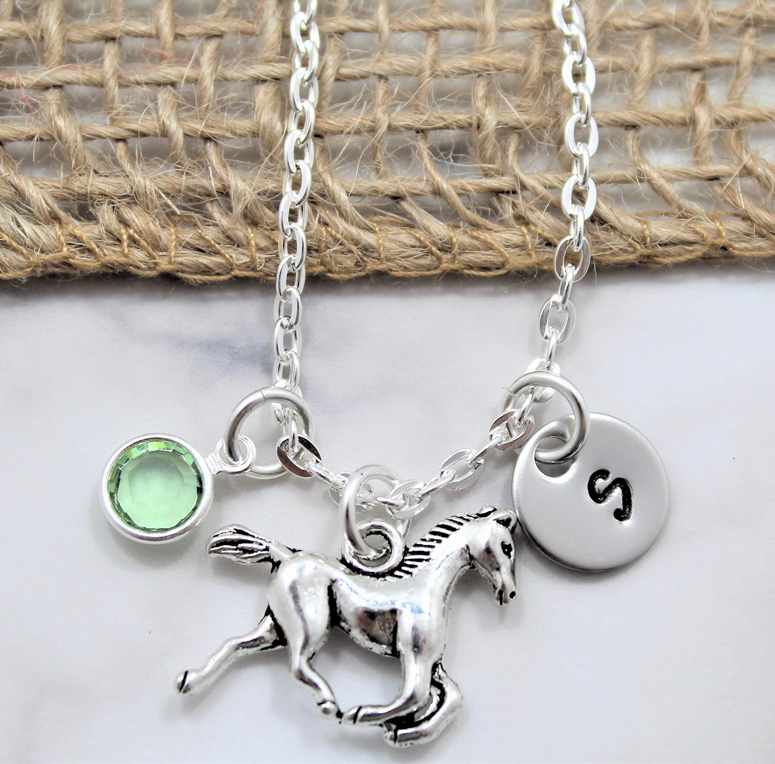 Birthstone Personalised Initial Horse Head Equestrian Pendant Necklace Gift