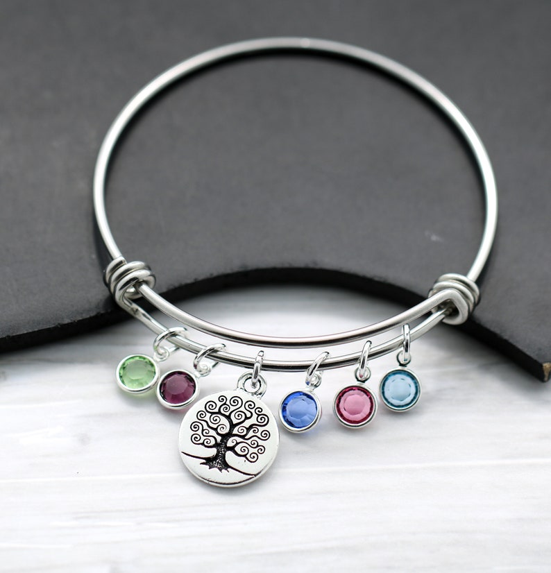 Mom Family Tree Bracelet - Bangle Bracelet for Mom - Kid's Birthstones - Gift for Mom - Mother's Day Bracelet - Family Tree Birthstone 