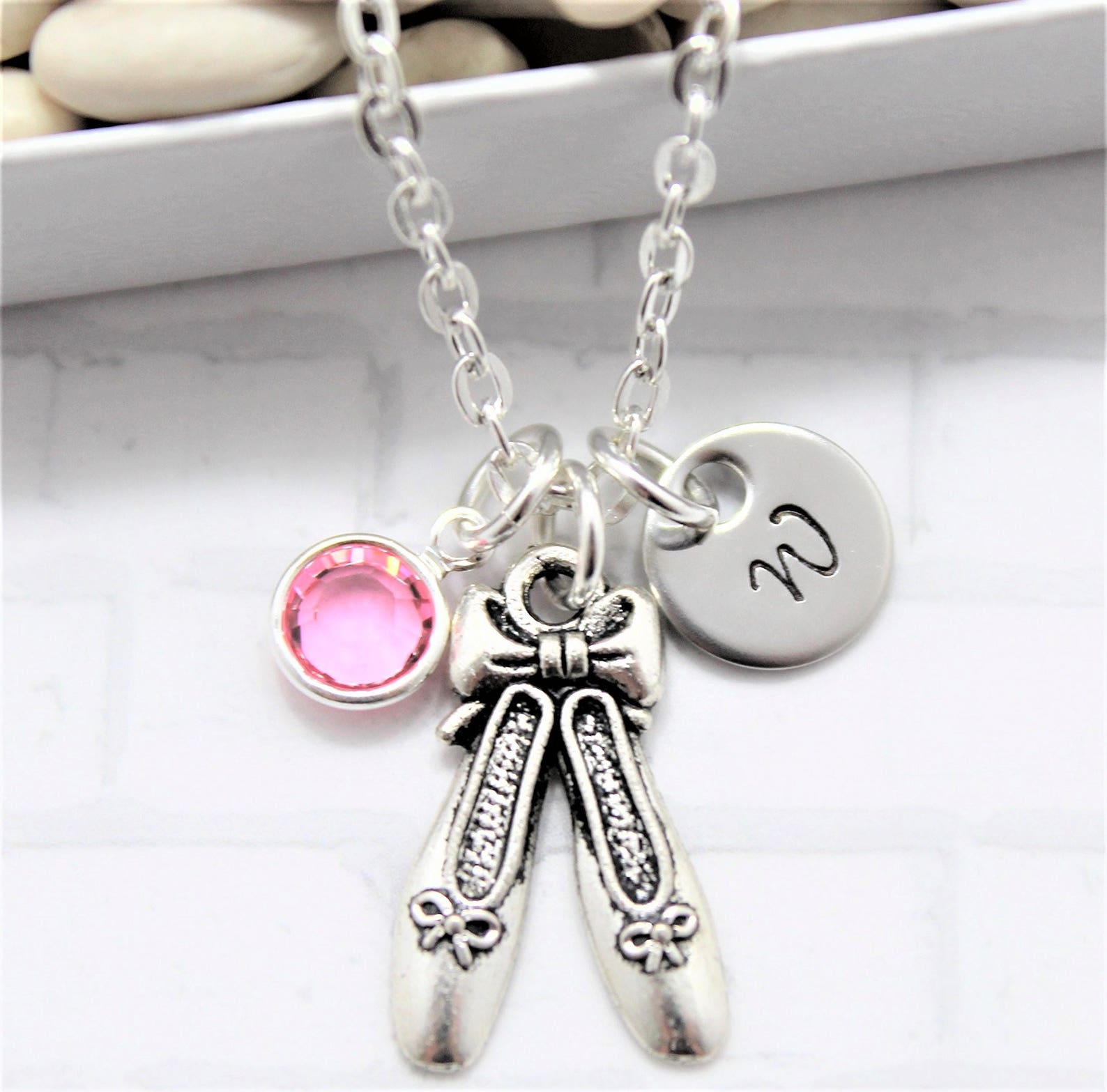 ballet slipper necklace - ballet shoes - i love dance - silver ballet slippers - dance necklace - personalized initial & birthst