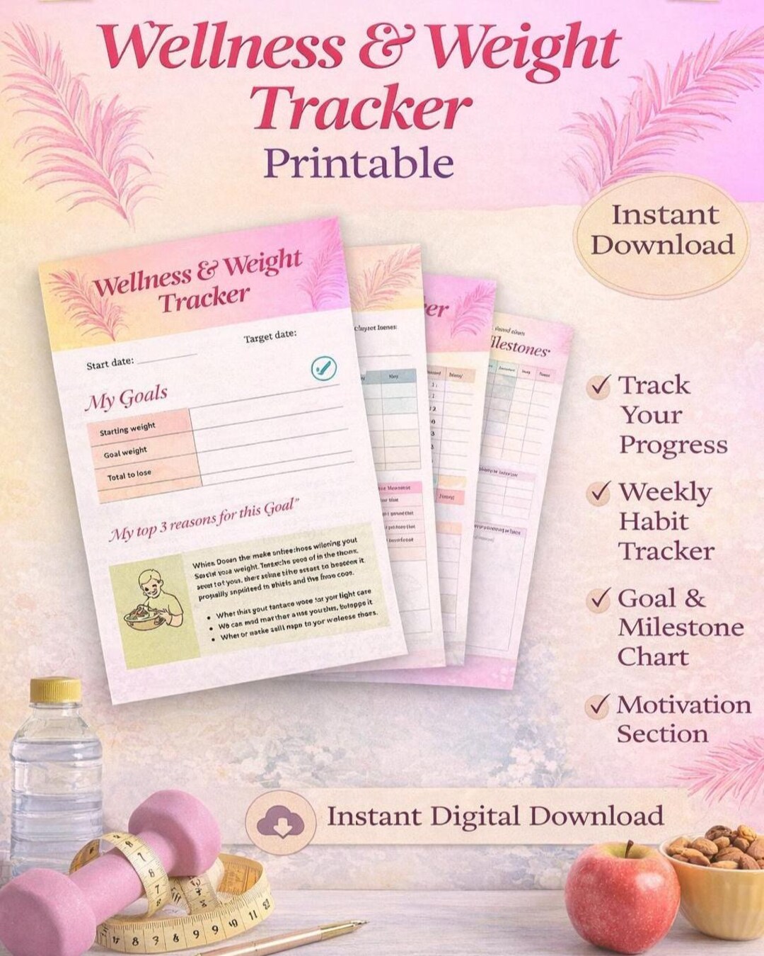 Weight Loss Tracker Printable | Fitness Journal PDF | Weekly Progress ...