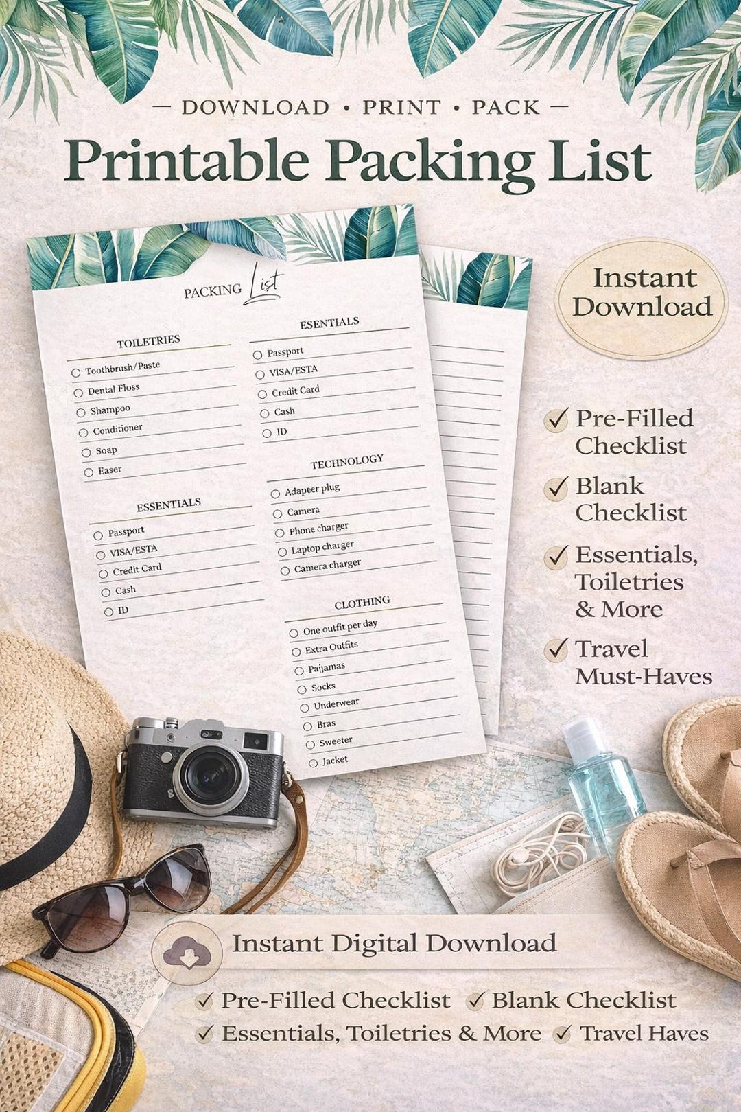 Travel Packing List Printable | Vacation Checklist PDF | Tropical ...