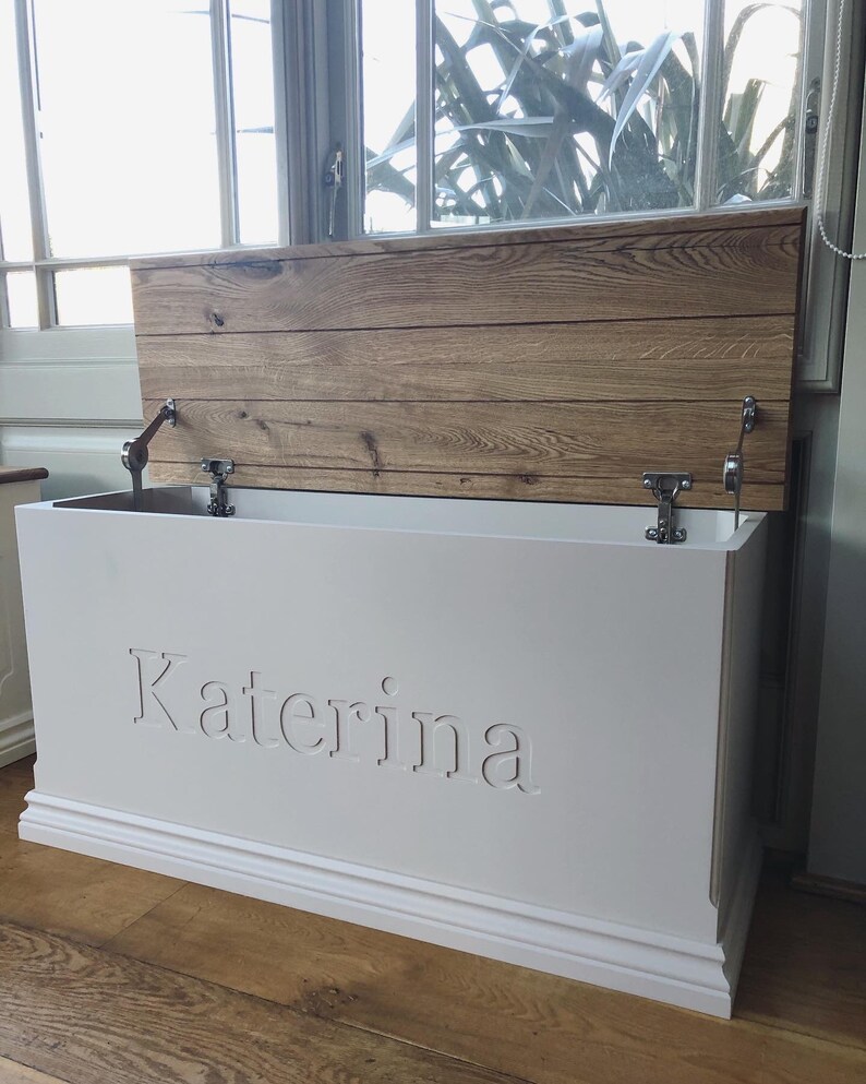 Personalised toy box storage chest oak top Etsy