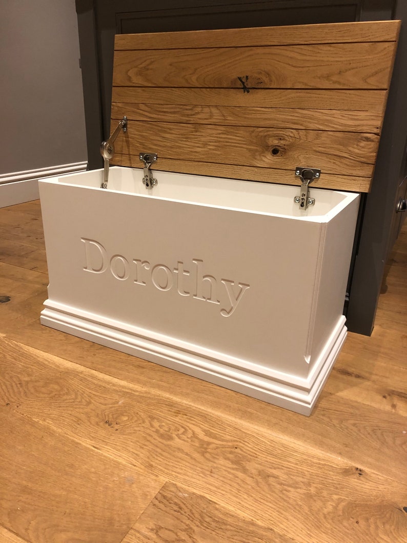 Personalised toy box storage chest oak top Etsy