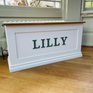 Personalised wooden toy box - oak top and safety stays