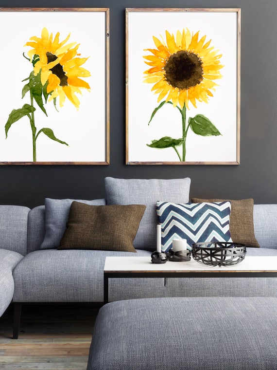 Set of 2 Watercolor Sunflower Love Decor Yellow Elegant Art | Etsy
