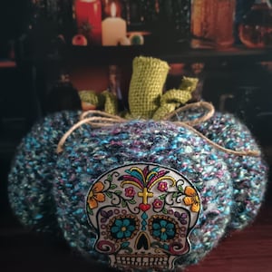 Day of the Dead Dia De Los Muertos Sugar Skull Rustic Hand Knitted Pumpkin-Blue & Purple-LG