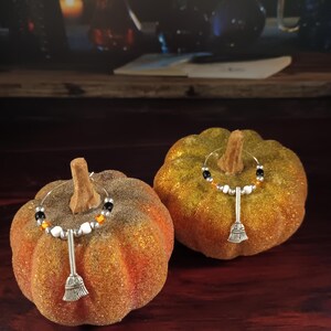 Halloween Witch&#39;s Broomstick Hoop Earrings-Orange, Black & White