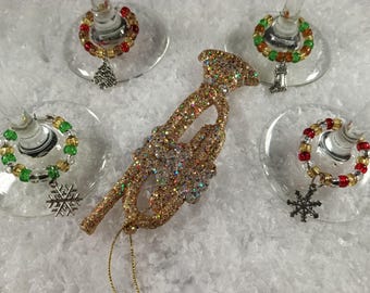 Christmas Traditional Color Wine Glass Rings Set of 4 ID#3-Red,Green,Amber,Gold, Clear