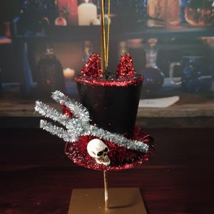 Halloween Paper Mache Top Hat Devil Ornament with Pitchfork, Horns, Tail Red and Black.