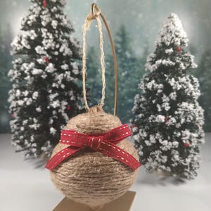 Paper Mache  Rustic Natural Jute Rope Wrapped Christmas Ornament With Red Ribbon (ID#2)