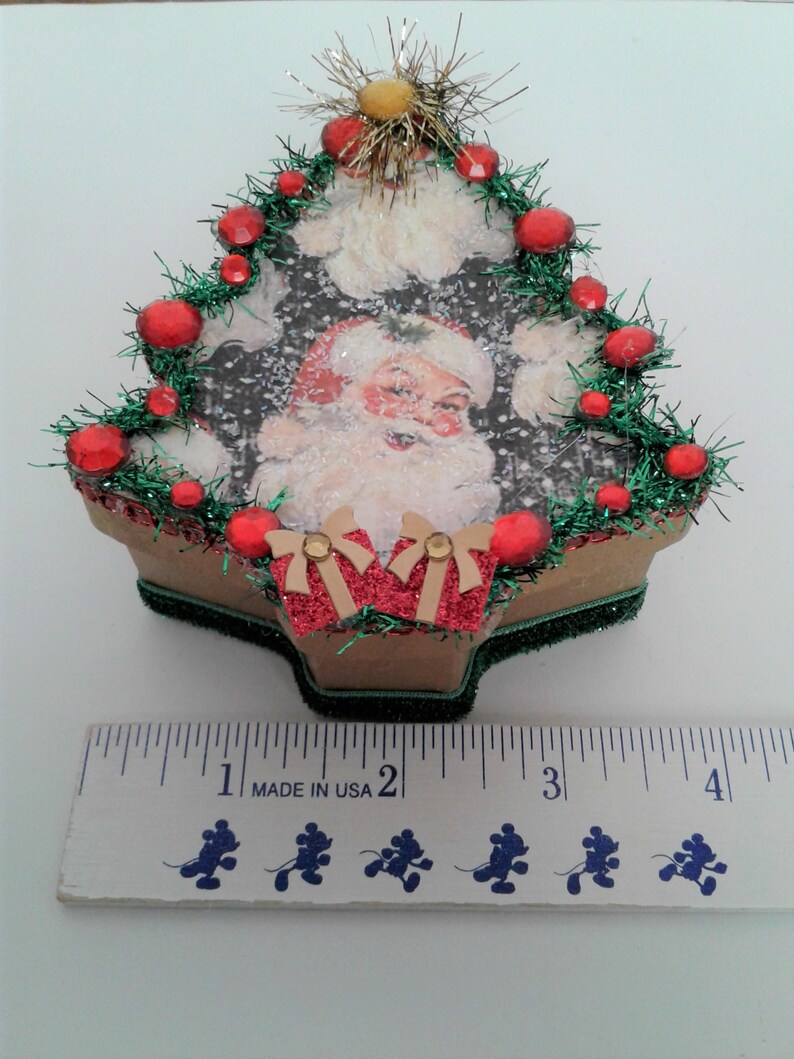 Paper Mache Kitschy Christmas Tree Treat Box With Retro Santa Print