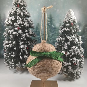 Paper Mache  Rustic Natural Jute Rope Wrapped Christmas Ornament With Green Ribbon