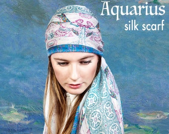 Aquarius silk chiffon scarf. Motivational women gift. Original delicate fine art graphic with astrology symbols in her lucky colors on white