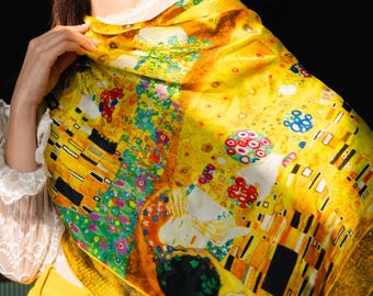 Luxury Large Square Silk Scarf, Klimt The Kiss Floral Shawl | 110x110 cm