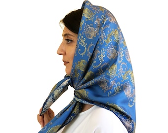 Blue pure silk scarf shawl patterned with Albanian art of golden embroidery, Ladies big head hair neck scarf, Designer unusual custom scarf