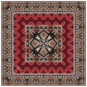 Red Silk twill scarf Chorape, Albanian colorful tribal socks turned into exquisite geometric pattern for shawl, Luxury women gift with story