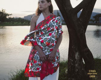Luxury Pomegranate Silk Scarf, Red, White, Green Floral Twill Shawl,  35 x 35 in / 90 x 90 cm