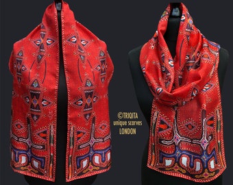 Long red colorful silk scarf Mirdita Inspired by Albanian tribal wedding costume for bride. Christian folk art embroidery shawl printed