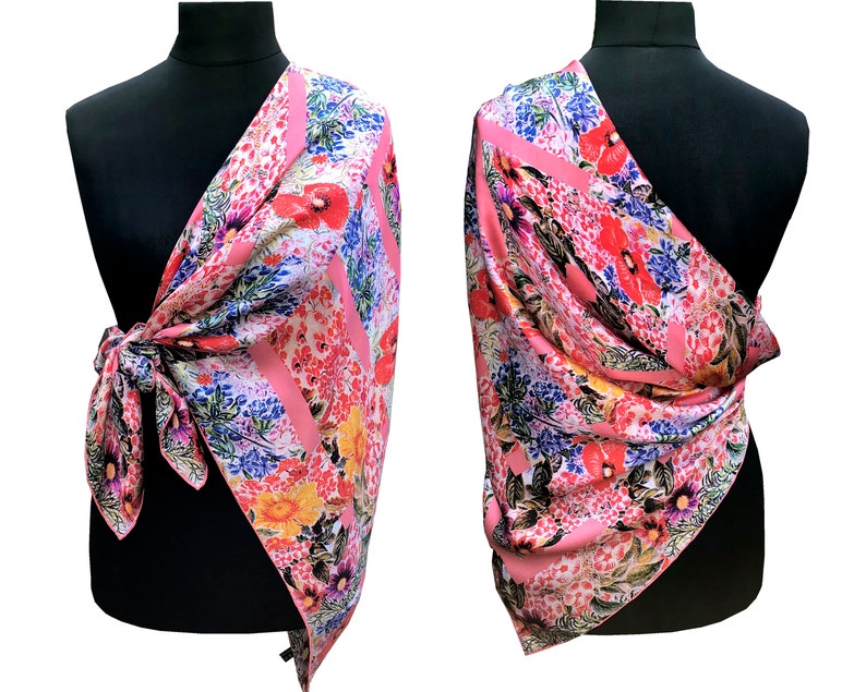 Floral pure silk ladies scarf the English Garden. Red poppies, blue hyacinths on pink shawl. Unique design, gift wrap, story by triQita image 6