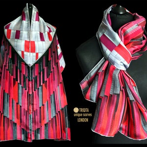 Long red silk scarf Arena. Inspired by architecture and colors of the Air Albania stadium in Tirana. Unusual, smart, luxurious women gift image 5