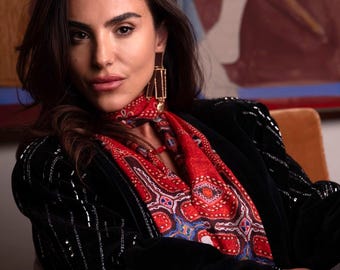 Luxury Red Silk Scarf | Albanian Mirdita Bridal Embroidery Wrap | Heritage Gift for Her