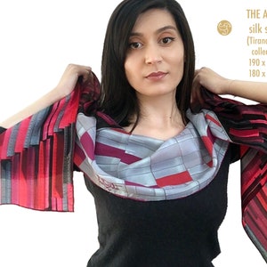 Long red silk scarf Arena. Inspired by architecture and colors of the Air Albania stadium in Tirana. Unusual, smart, luxurious women gift image 7